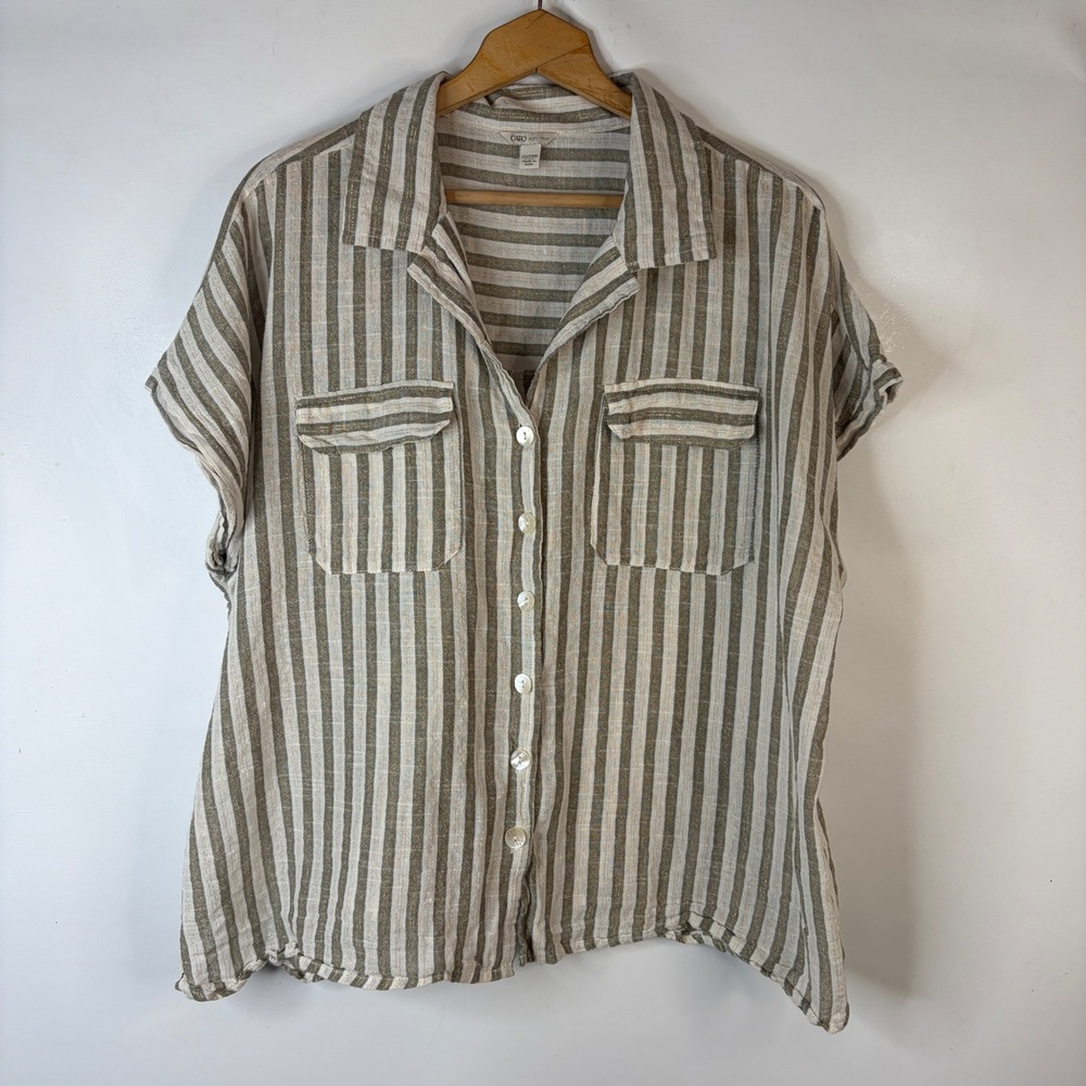 Cato Button Down Top Womens 22/24W Green Striped Metallic Short Sleeve Cotton